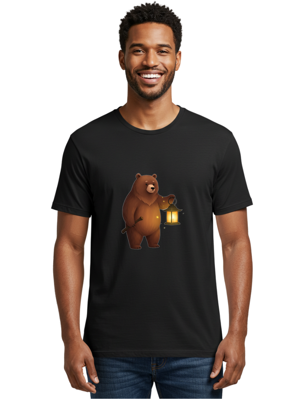 Bear-With-Lantern-3 Men'S Graphic Tee, 100% Cotton, Comfortable Casual Summer Wear, Machine Washable, Vintage Camera, Old Camera, Antique Camera, Black Camera, Classic Photography, Photography Equipment, Nostalgic Device, Film Camera, Camera Art Bae880