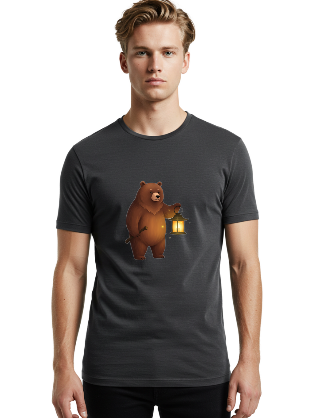 Bear-With-Lantern-3 Men'S Graphic Tee, 100% Cotton, Comfortable Casual Summer Wear, Machine Washable, Vintage Camera, Old Camera, Antique Camera, Black Camera, Classic Photography, Photography Equipment, Nostalgic Device, Film Camera, Camera Art Bae880