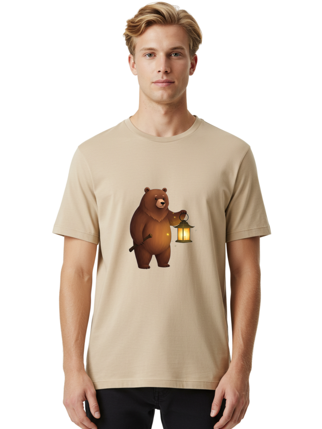 Bear-With-Lantern-3 Men'S Graphic Tee, 100% Cotton, Comfortable Casual Summer Wear, Machine Washable, Vintage Camera, Old Camera, Antique Camera, Black Camera, Classic Photography, Photography Equipment, Nostalgic Device, Film Camera, Camera Art Bae880