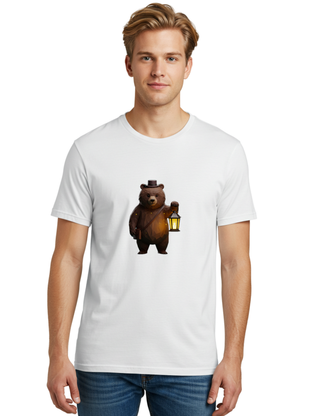Bear-With-Lantern-And-Holster Men'S Graphic Tee, 100% Cotton, Comfortable Casual Summer Wear, Machine Washable, Vintage Camera, Old Camera, Antique Camera, Black Camera, Classic Photography, Photography Equipment, Nostalgic Device, Bae881