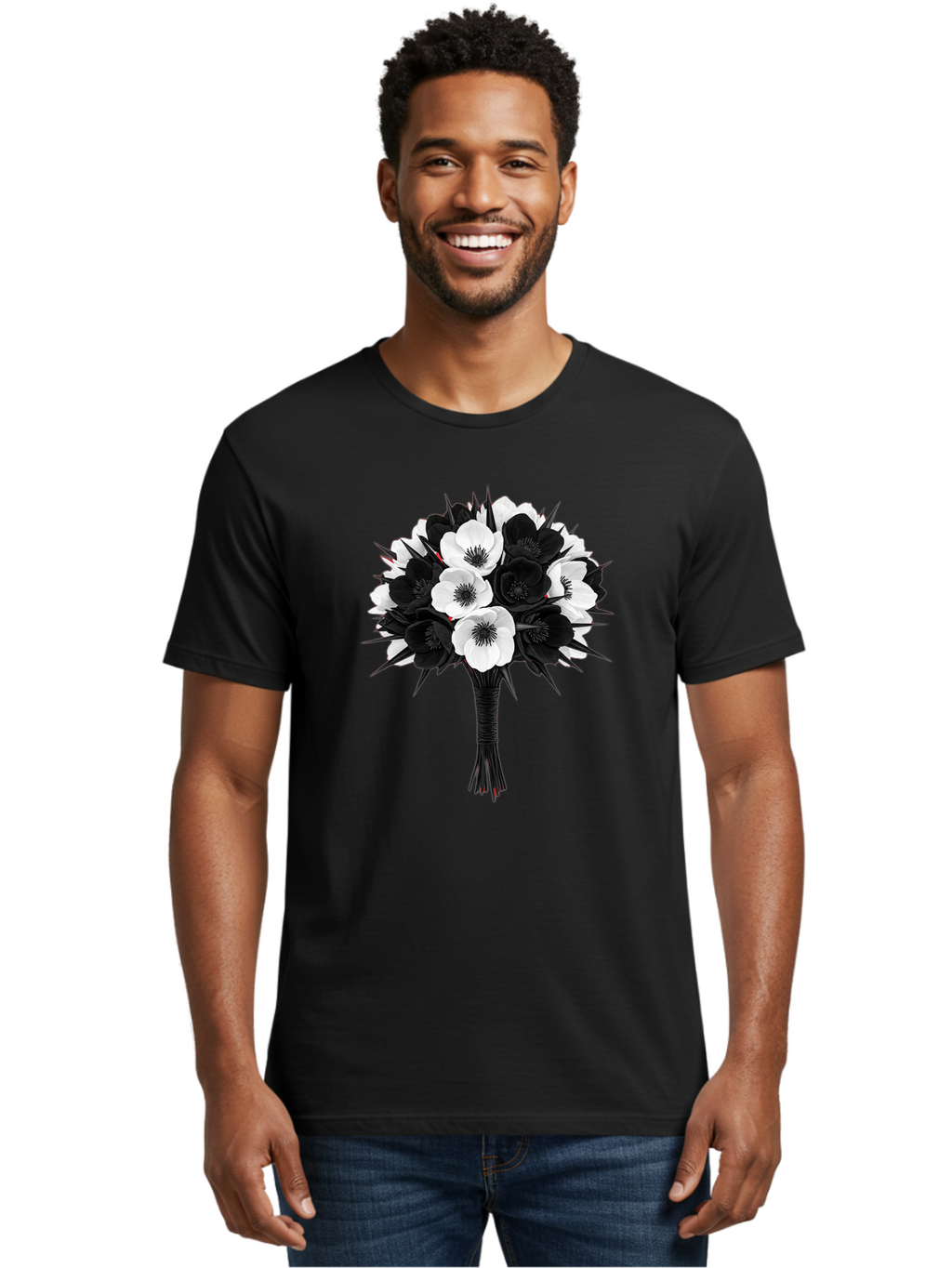 Black-And-White-Anemone-Bouquet Men'S Graphic Tee, 100% Cotton, Comfortable Casual Summer Wear, Machine Washable, Vintage Camera, Old Camera, Antique Camera, Black Camera, Classic Photography, Photography Equipment, Nostalgic Device, Bae895
