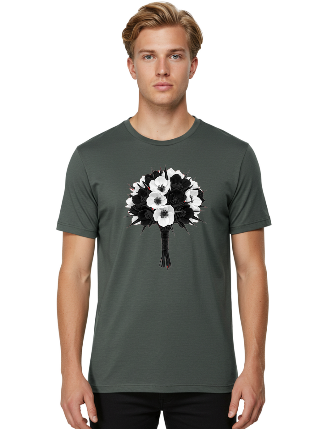 Black-And-White-Anemone-Bouquet Men'S Graphic Tee, 100% Cotton, Comfortable Casual Summer Wear, Machine Washable, Vintage Camera, Old Camera, Antique Camera, Black Camera, Classic Photography, Photography Equipment, Nostalgic Device, Bae895