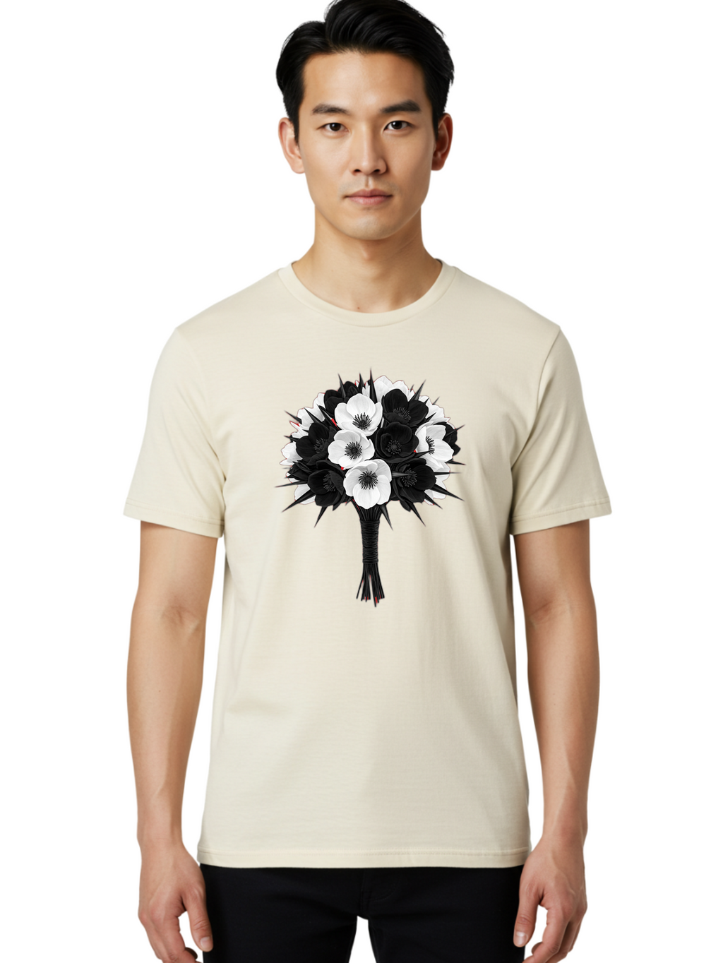 Black-And-White-Anemone-Bouquet Men'S Graphic Tee, 100% Cotton, Comfortable Casual Summer Wear, Machine Washable, Vintage Camera, Old Camera, Antique Camera, Black Camera, Classic Photography, Photography Equipment, Nostalgic Device, Bae895