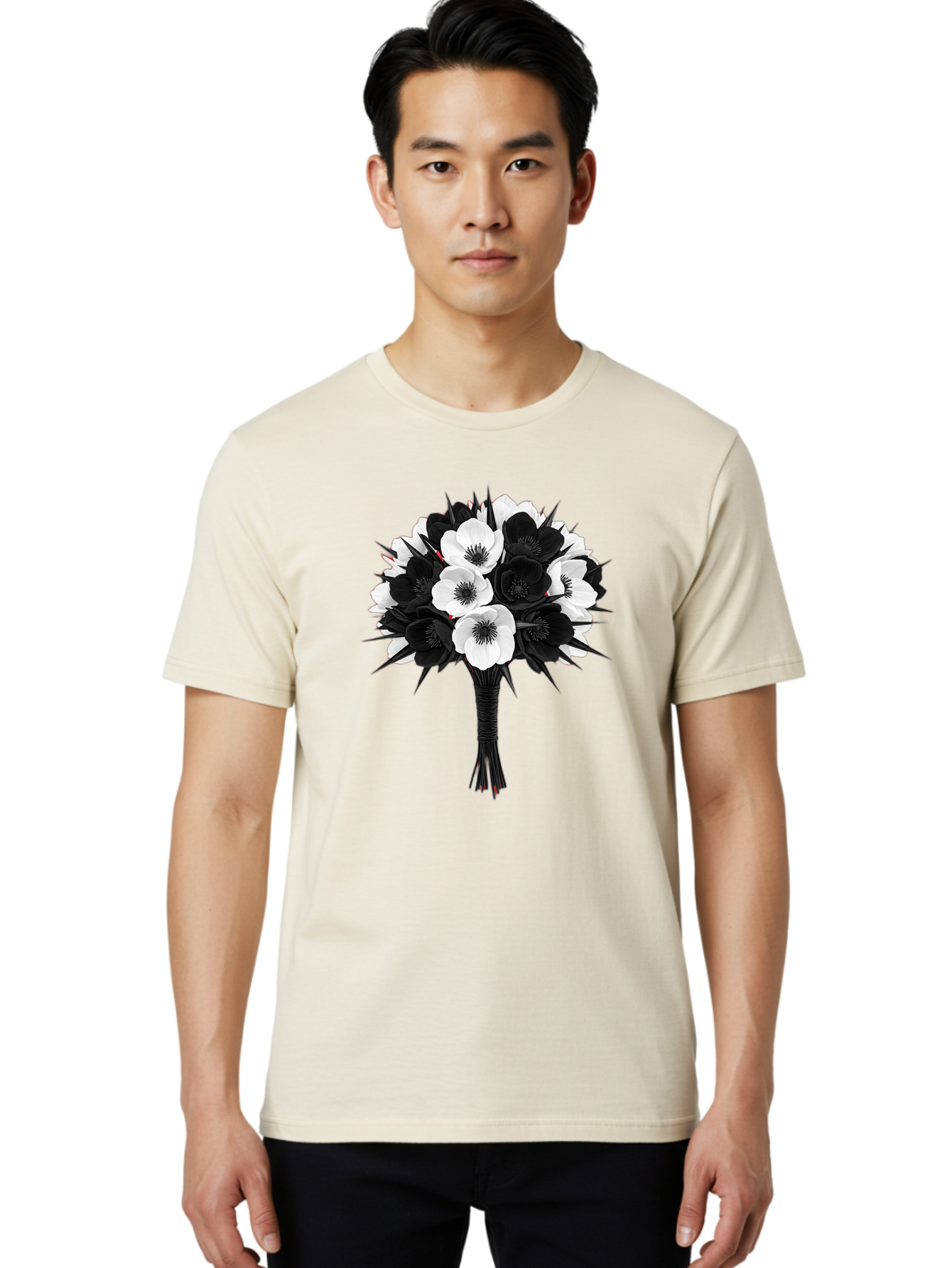 Black-And-White-Anemone-Bouquet Men'S Graphic Tee, 100% Cotton, Comfortable Casual Summer Wear, Machine Washable, Vintage Camera, Old Camera, Antique Camera, Black Camera, Classic Photography, Photography Equipment, Nostalgic Device, Bae895