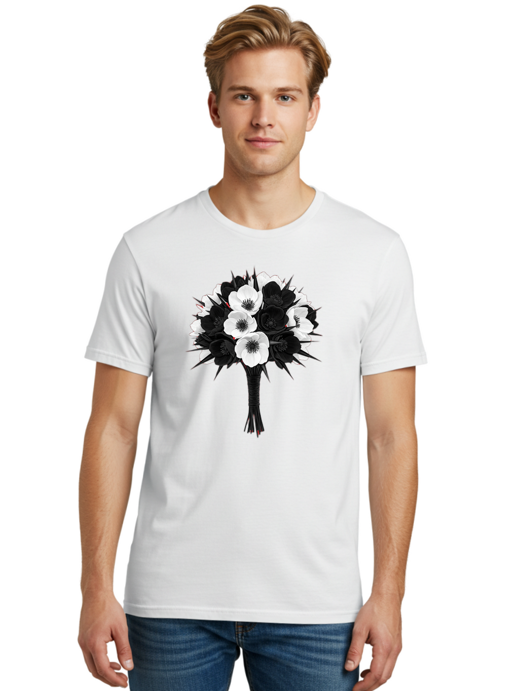 Black-And-White-Anemone-Bouquet Men'S Graphic Tee, 100% Cotton, Comfortable Casual Summer Wear, Machine Washable, Vintage Camera, Old Camera, Antique Camera, Black Camera, Classic Photography, Photography Equipment, Nostalgic Device, Bae895