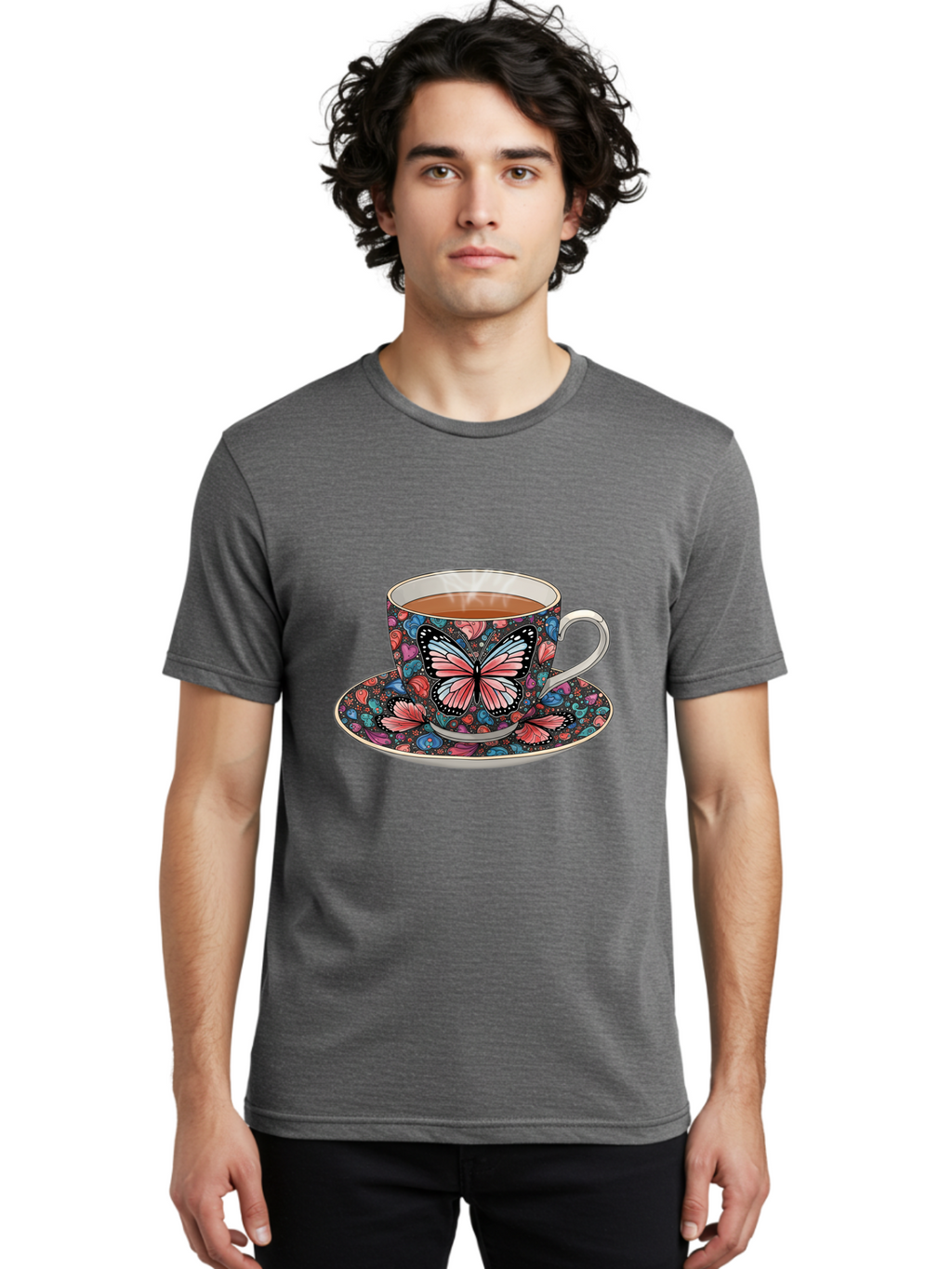 Butterfly-Tea-Cup-1 Men'S Graphic Tee, 100% Cotton, Comfortable Casual Summer Wear, Machine Washable, Vintage Camera, Old Camera, Antique Camera, Black Camera, Classic Photography, Photography Equipment, Nostalgic Device, Film Camera, Bae941