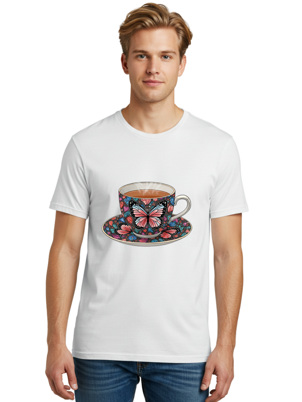 Butterfly-Tea-Cup-1 Men'S Graphic Tee, 100% Cotton, Comfortable Casual Summer Wear, Machine Washable, Vintage Camera, Old Camera, Antique Camera, Black Camera, Classic Photography, Photography Equipment, Nostalgic Device, Film Camera, Bae941