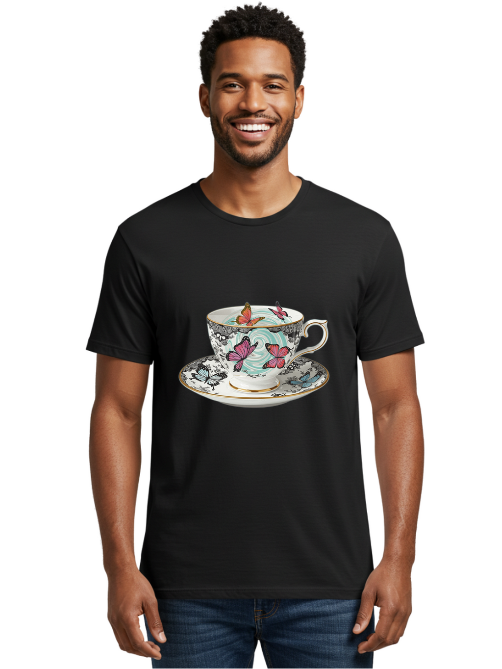 Butterfly-Tea-Cup Men'S Graphic Tee, 100% Cotton, Comfortable Casual Summer Wear, Machine Washable, Vintage Camera, Old Camera, Antique Camera, Black Camera, Classic Photography, Photography Equipment, Nostalgic Device, Film Camera, Camera Art Bae942