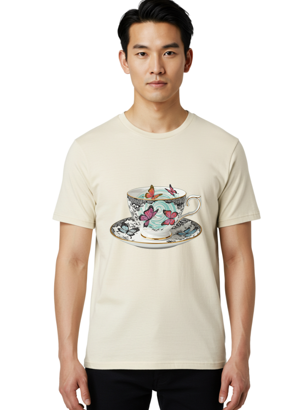 Butterfly-Tea-Cup Men'S Graphic Tee, 100% Cotton, Comfortable Casual Summer Wear, Machine Washable, Vintage Camera, Old Camera, Antique Camera, Black Camera, Classic Photography, Photography Equipment, Nostalgic Device, Film Camera, Camera Art Bae942