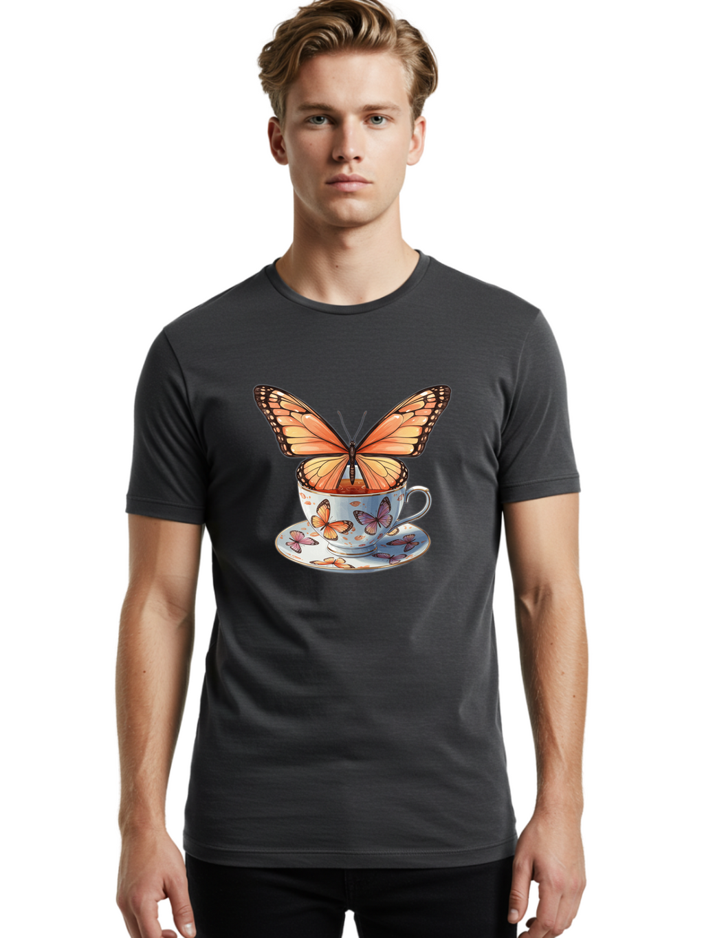 Butterfly-Teacup Men'S Graphic Tee, 100% Cotton, Comfortable Casual Summer Wear, Machine Washable, Vintage Camera, Old Camera, Antique Camera, Black Camera, Classic Photography, Photography Equipment, Nostalgic Device, Film Camera, Camera Art Bae944
