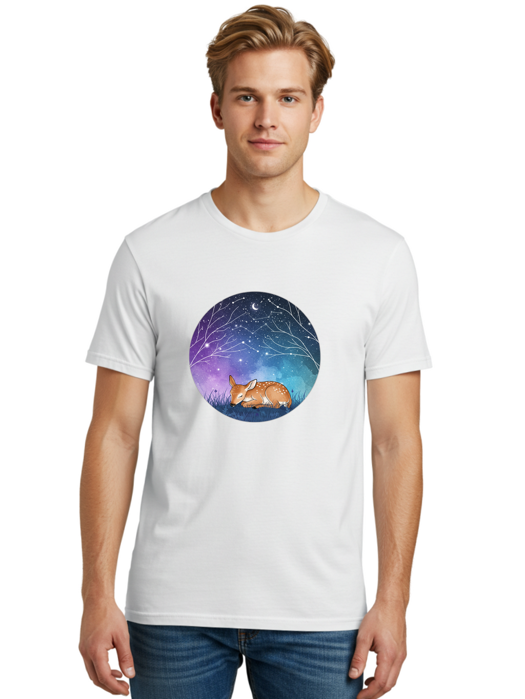 Deer-Under-Starry-Night-Sky Men'S Graphic Tee, 100% Cotton, Comfortable Casual Summer Wear, Machine Washable, Vintage Camera, Old Camera, Antique Camera, Black Camera, Classic Photography, Photography Equipment, Nostalgic Device, Film Camera, Baf030