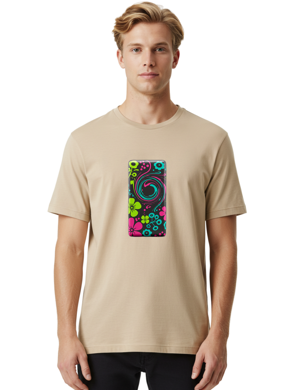 Floral-Swirl-Phone-Case Men'S Graphic Tee, 100% Cotton, Comfortable Casual Summer Wear, Machine Washable, Vintage Camera, Old Camera, Antique Camera, Black Camera, Classic Photography, Photography Equipment, Nostalgic Device, Film Camera, Baf085