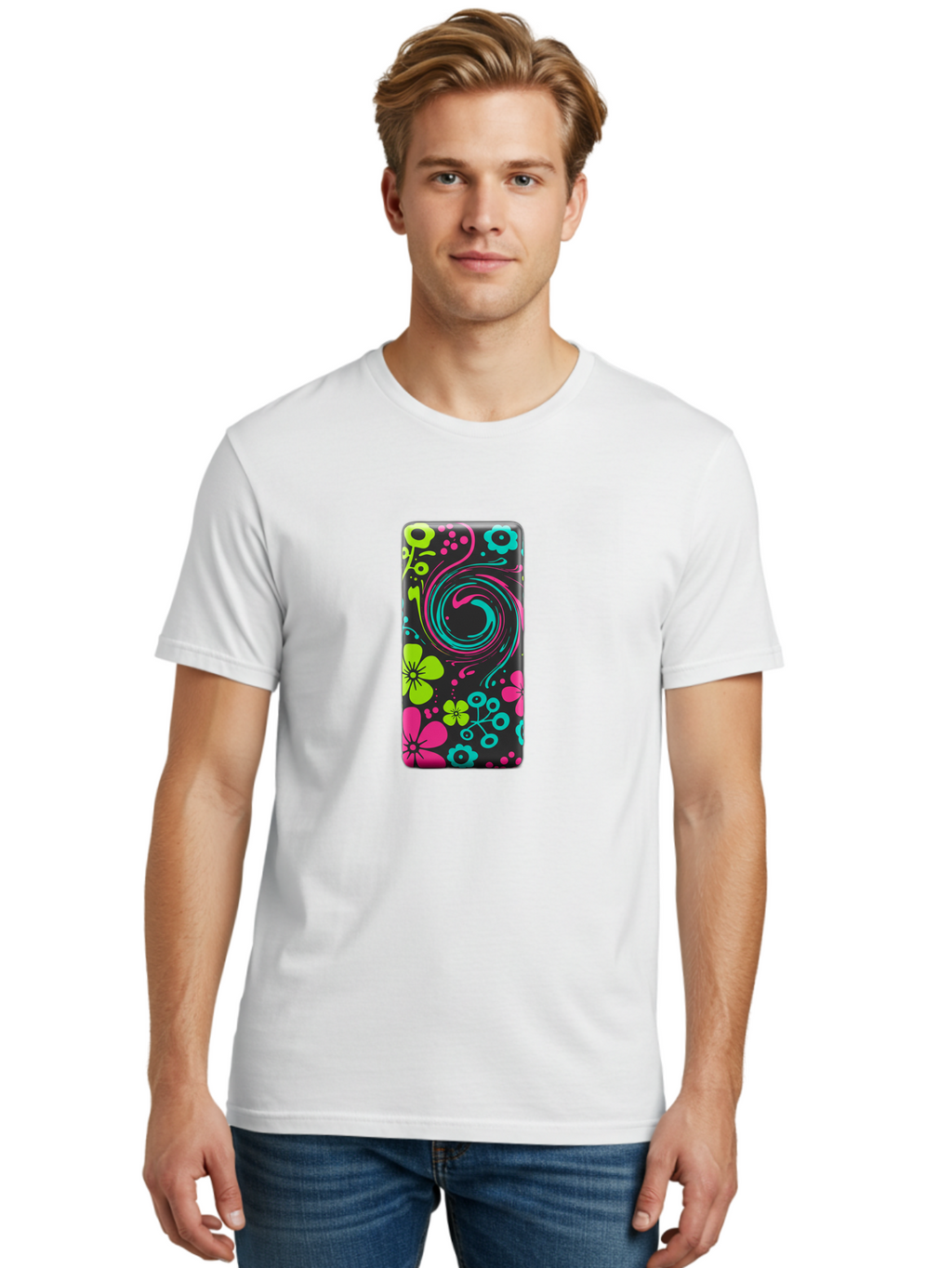 Floral-Swirl-Phone-Case Men'S Graphic Tee, 100% Cotton, Comfortable Casual Summer Wear, Machine Washable, Vintage Camera, Old Camera, Antique Camera, Black Camera, Classic Photography, Photography Equipment, Nostalgic Device, Film Camera, Baf085