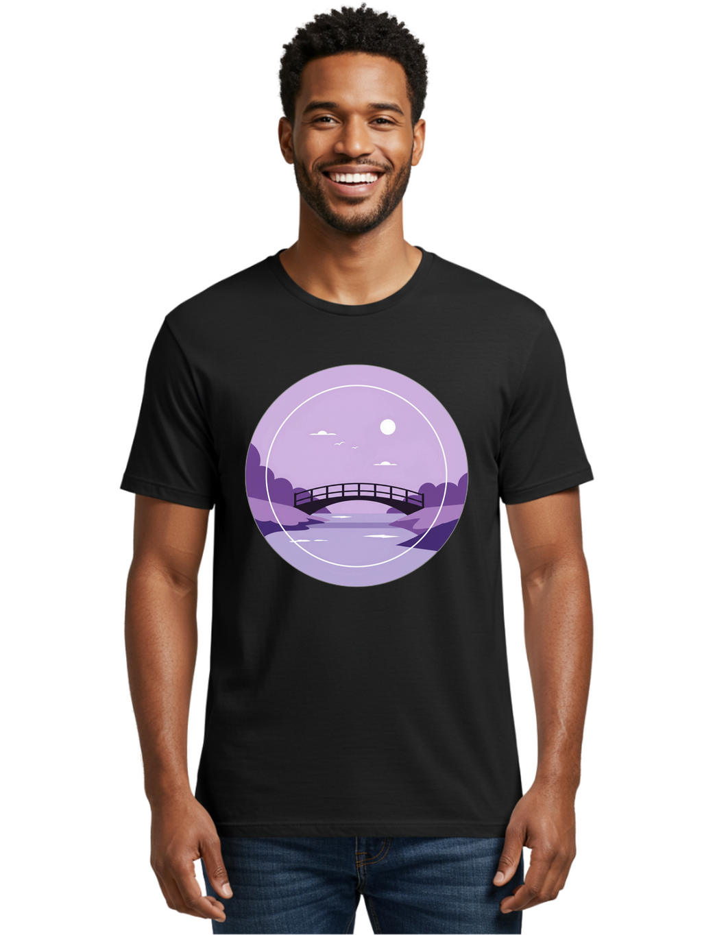 Footbridge-Under-Moonlight Men'S Graphic Tee, 100% Cotton, Comfortable Casual Summer Wear, Machine Washable, Vintage Camera, Old Camera, Antique Camera, Black Camera, Classic Photography, Photography Equipment, Nostalgic Device, Film Camera, Baf095