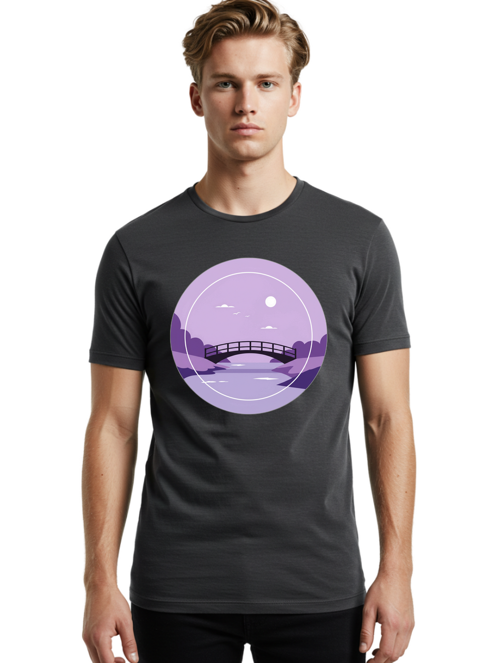 Footbridge-Under-Moonlight Men'S Graphic Tee, 100% Cotton, Comfortable Casual Summer Wear, Machine Washable, Vintage Camera, Old Camera, Antique Camera, Black Camera, Classic Photography, Photography Equipment, Nostalgic Device, Film Camera, Baf095