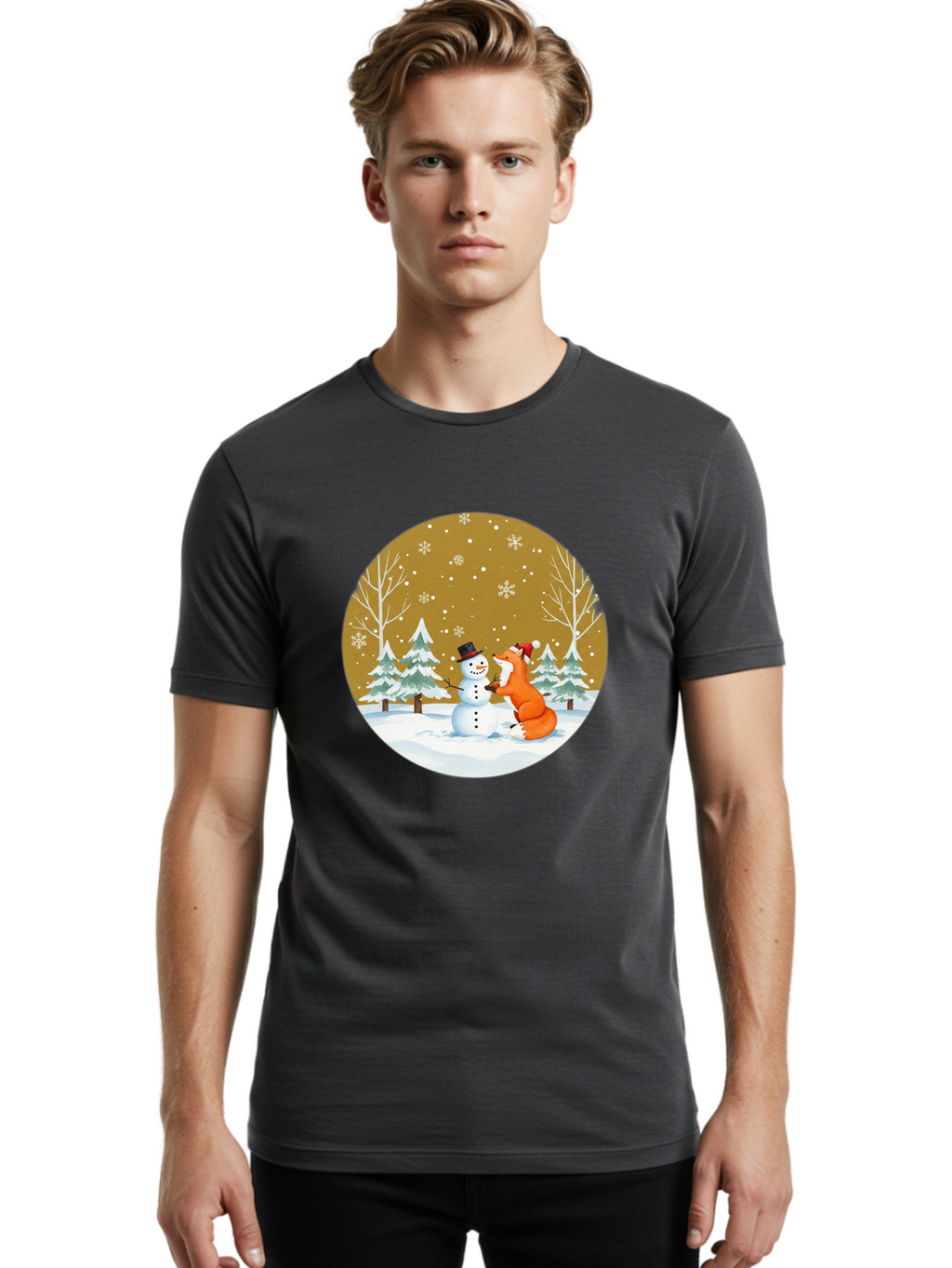 Fox-And-Snowman-Winter-Scene Men'S Graphic Tee, 100% Cotton, Comfortable Casual Summer Wear, Machine Washable, Vintage Camera, Old Camera, Antique Camera, Black Camera, Classic Photography, Photography Equipment, Nostalgic Device, Film Camera, Baf106