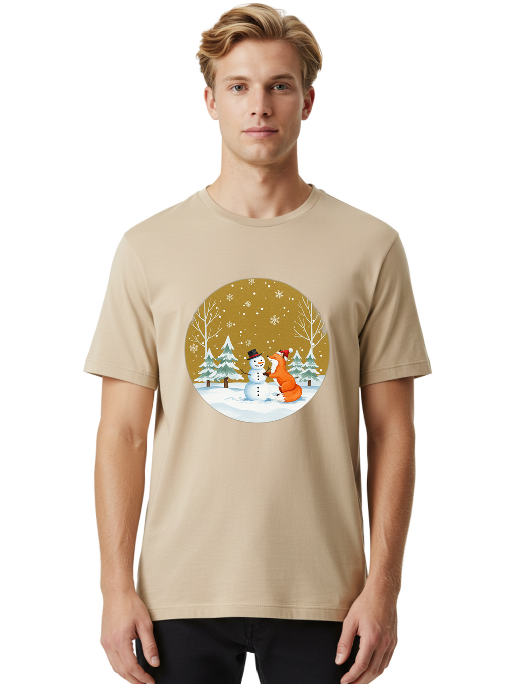 Fox-And-Snowman-Winter-Scene Men'S Graphic Tee, 100% Cotton, Comfortable Casual Summer Wear, Machine Washable, Vintage Camera, Old Camera, Antique Camera, Black Camera, Classic Photography, Photography Equipment, Nostalgic Device, Film Camera, Baf106