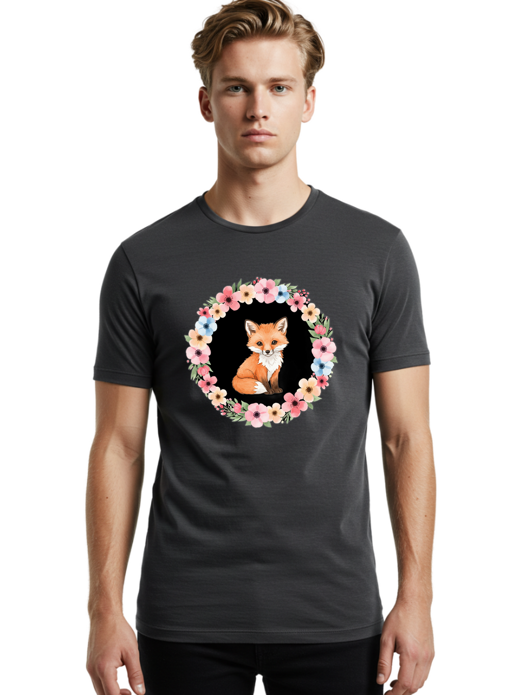 Fox-In-Floral-Wreath Men'S Graphic Tee, 100% Cotton, Comfortable Casual Summer Wear, Machine Washable, Vintage Camera, Old Camera, Antique Camera, Black Camera, Classic Photography, Photography Equipment, Nostalgic Device, Film Camera, Baf108