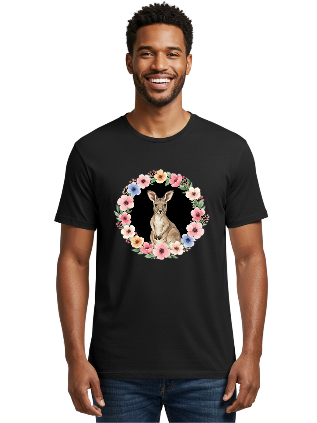 Kangaroo-In-Floral-Wreath Men'S Graphic Tee, 100% Cotton, Comfortable Casual Summer Wear, Machine Washable, Vintage Camera, Old Camera, Antique Camera, Black Camera, Classic Photography, Photography Equipment, Nostalgic Device, Film Camera, Baf157