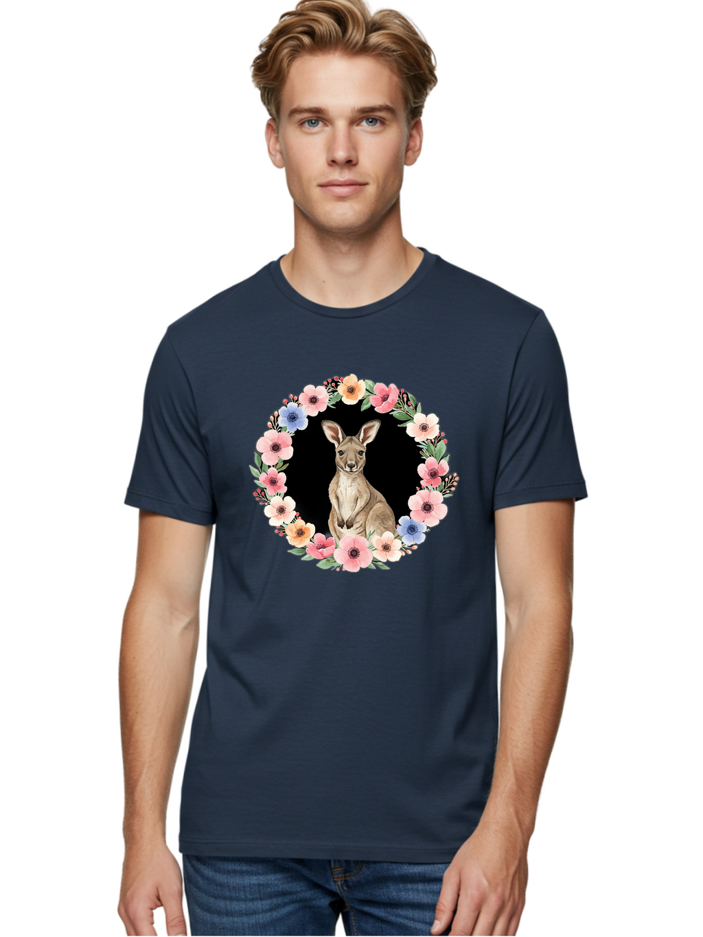 Kangaroo-In-Floral-Wreath Men'S Graphic Tee, 100% Cotton, Comfortable Casual Summer Wear, Machine Washable, Vintage Camera, Old Camera, Antique Camera, Black Camera, Classic Photography, Photography Equipment, Nostalgic Device, Film Camera, Baf157