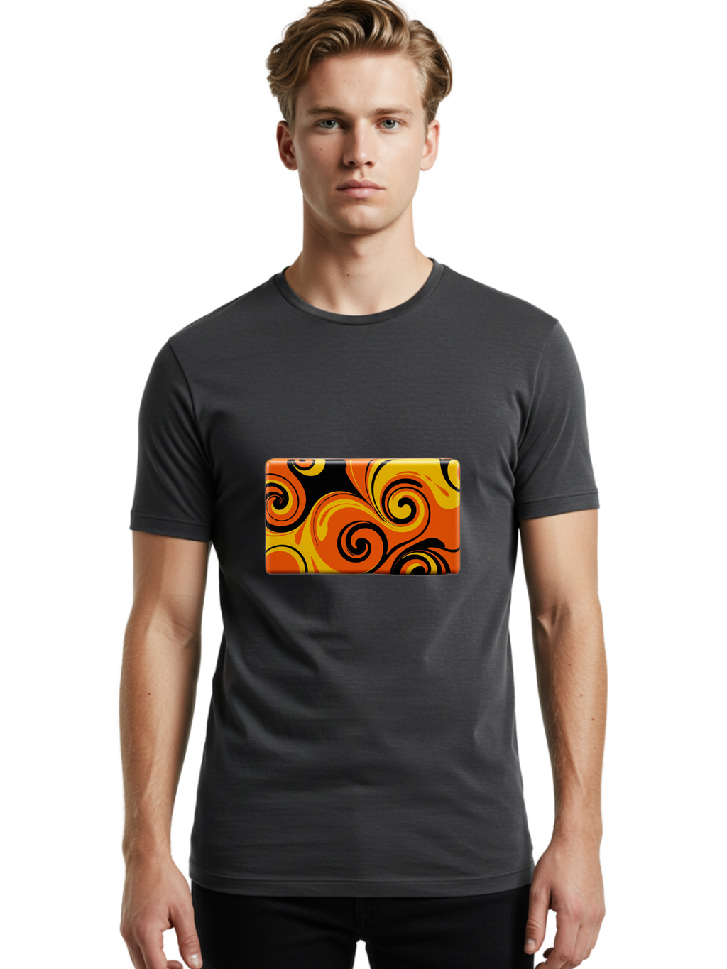 Orange-Swirl-Design Men'S Graphic Tee, 100% Cotton, Comfortable Casual Summer Wear, Machine Washable, Vintage Camera, Old Camera, Antique Camera, Black Camera, Classic Photography, Photography Equipment, Nostalgic Device, Film Camera, Baf245