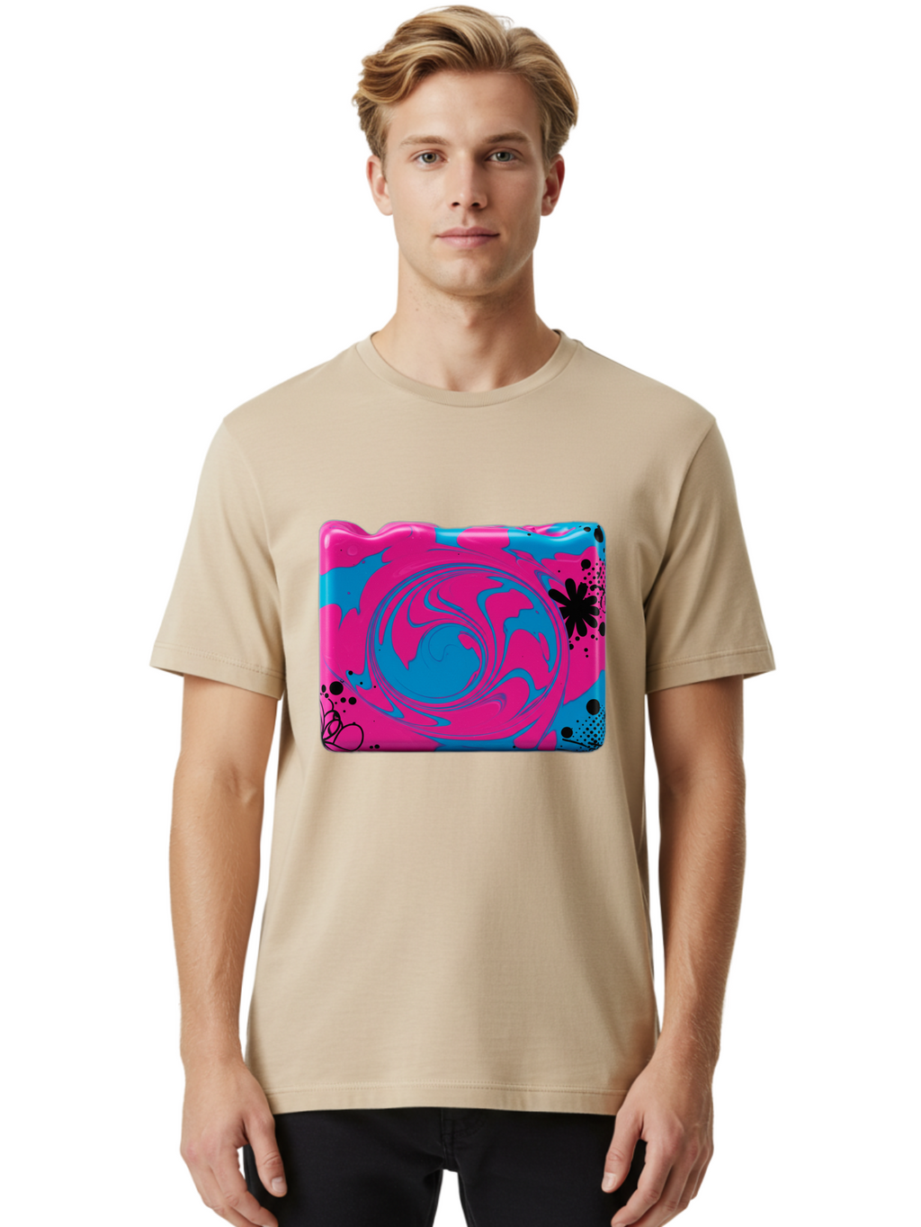 Pink-Blue-Swirl Men'S Graphic Tee, 100% Cotton, Comfortable Casual Summer Wear, Machine Washable, Vintage Camera, Old Camera, Antique Camera, Black Camera, Classic Photography, Photography Equipment, Nostalgic Device, Film Camera, Camera Art Baf349