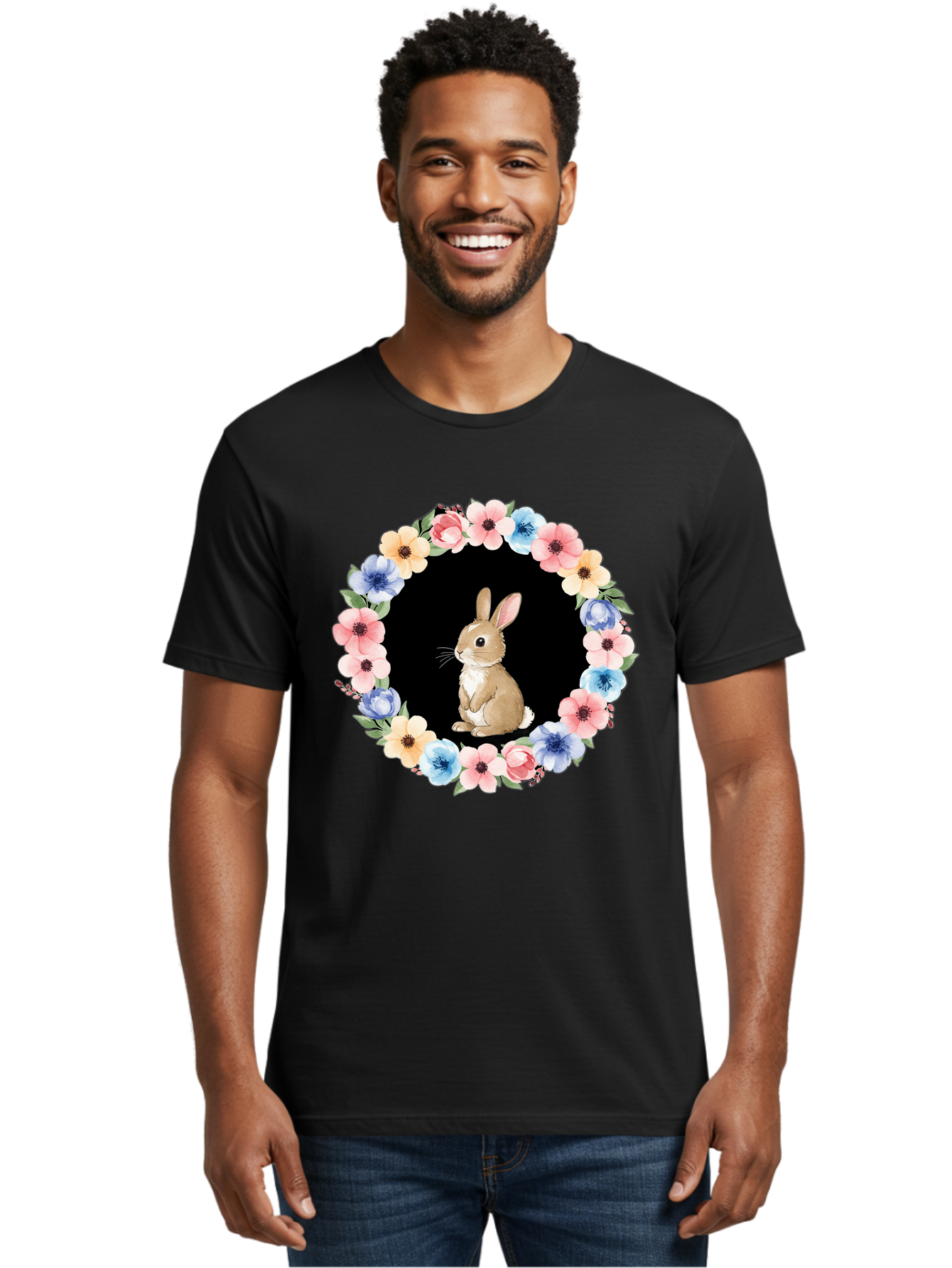 Rabbit-In-Floral-Circle Men'S Graphic Tee, 100% Cotton, Comfortable Casual Summer Wear, Machine Washable, Vintage Camera, Old Camera, Antique Camera, Black Camera, Classic Photography, Photography Equipment, Nostalgic Device, Film Camera, Baf448