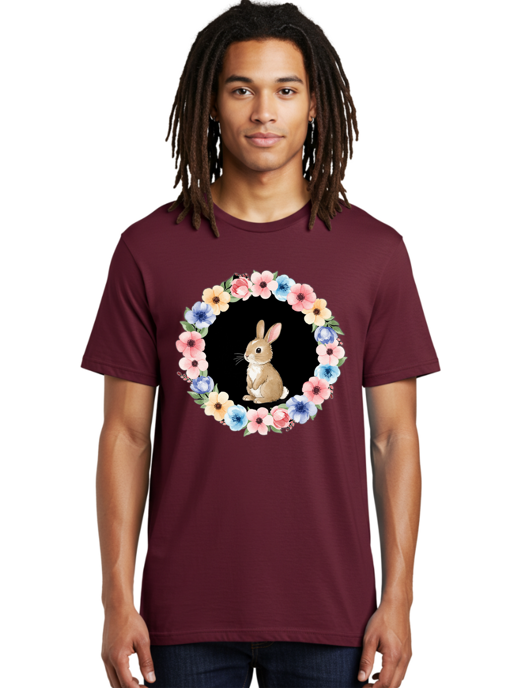 Rabbit-In-Floral-Circle Men'S Graphic Tee, 100% Cotton, Comfortable Casual Summer Wear, Machine Washable, Vintage Camera, Old Camera, Antique Camera, Black Camera, Classic Photography, Photography Equipment, Nostalgic Device, Film Camera, Baf448