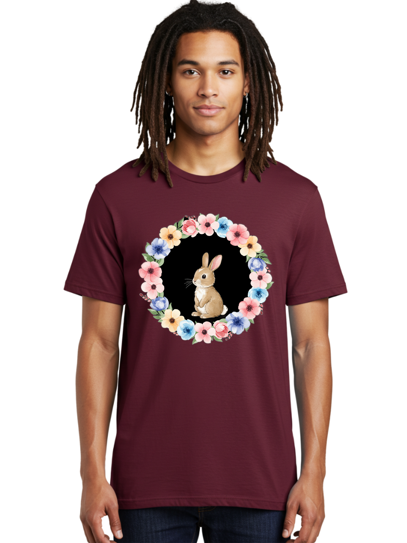 Rabbit-In-Floral-Circle Men'S Graphic Tee, 100% Cotton, Comfortable Casual Summer Wear, Machine Washable, Vintage Camera, Old Camera, Antique Camera, Black Camera, Classic Photography, Photography Equipment, Nostalgic Device, Film Camera, Baf448