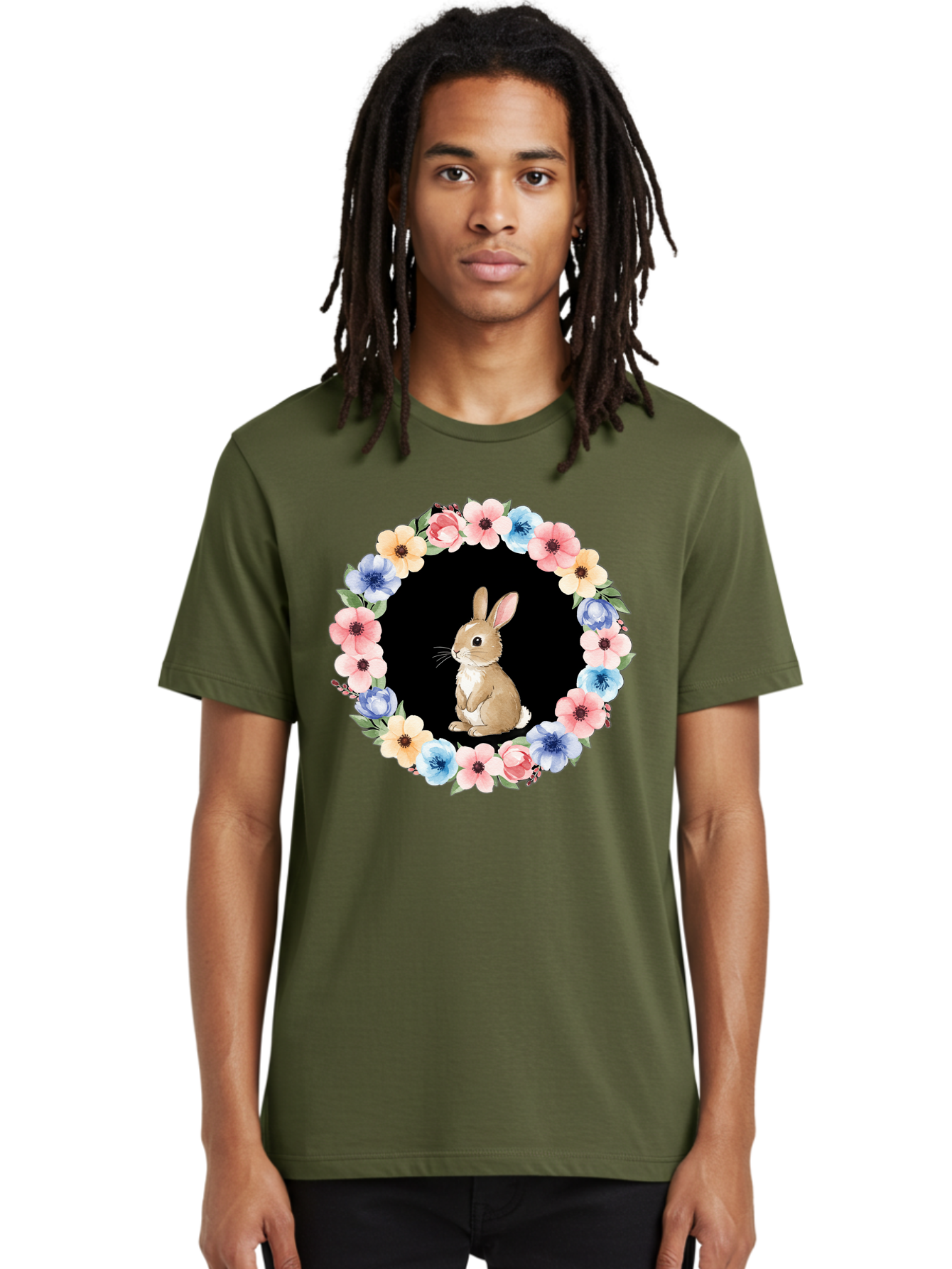 Rabbit-In-Floral-Circle Men'S Graphic Tee, 100% Cotton, Comfortable Casual Summer Wear, Machine Washable, Vintage Camera, Old Camera, Antique Camera, Black Camera, Classic Photography, Photography Equipment, Nostalgic Device, Film Camera, Baf448