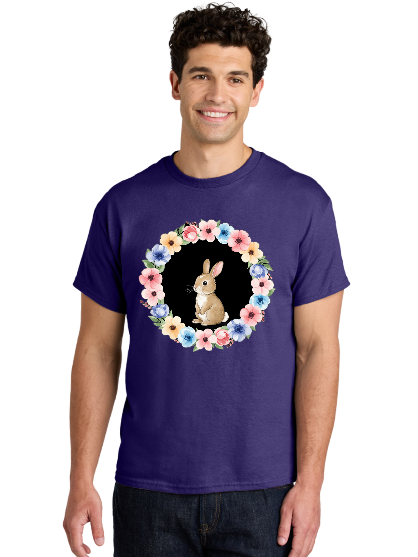 Rabbit-In-Floral-Circle Men'S Graphic Tee, 100% Cotton, Comfortable Casual Summer Wear, Machine Washable, Vintage Camera, Old Camera, Antique Camera, Black Camera, Classic Photography, Photography Equipment, Nostalgic Device, Film Camera, Baf448