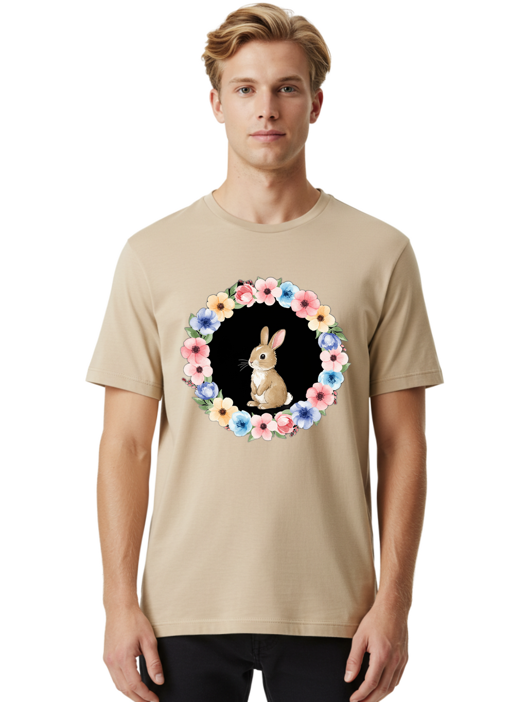 Rabbit-In-Floral-Circle Men'S Graphic Tee, 100% Cotton, Comfortable Casual Summer Wear, Machine Washable, Vintage Camera, Old Camera, Antique Camera, Black Camera, Classic Photography, Photography Equipment, Nostalgic Device, Film Camera, Baf448