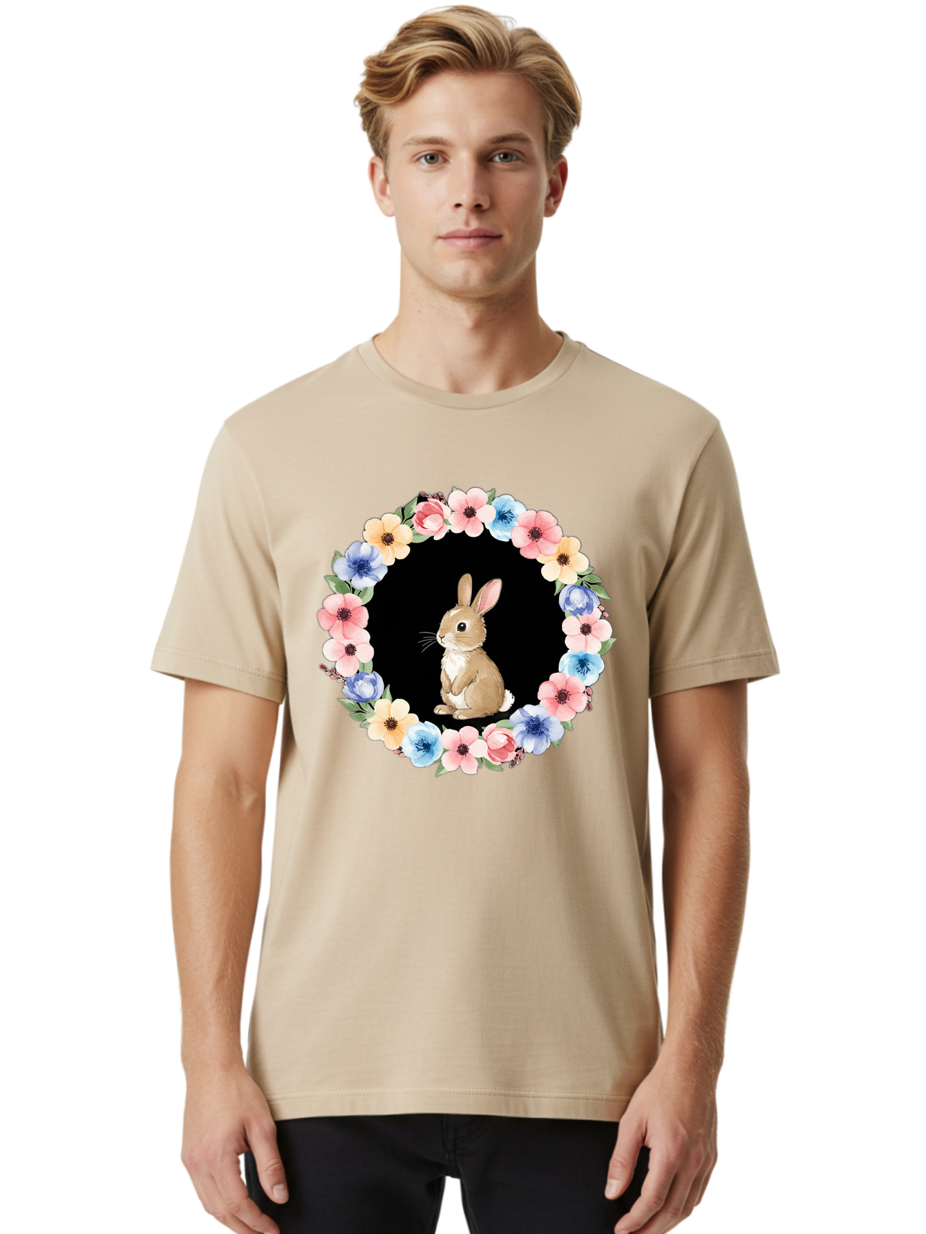 Rabbit-In-Floral-Circle Men'S Graphic Tee, 100% Cotton, Comfortable Casual Summer Wear, Machine Washable, Vintage Camera, Old Camera, Antique Camera, Black Camera, Classic Photography, Photography Equipment, Nostalgic Device, Film Camera, Baf448