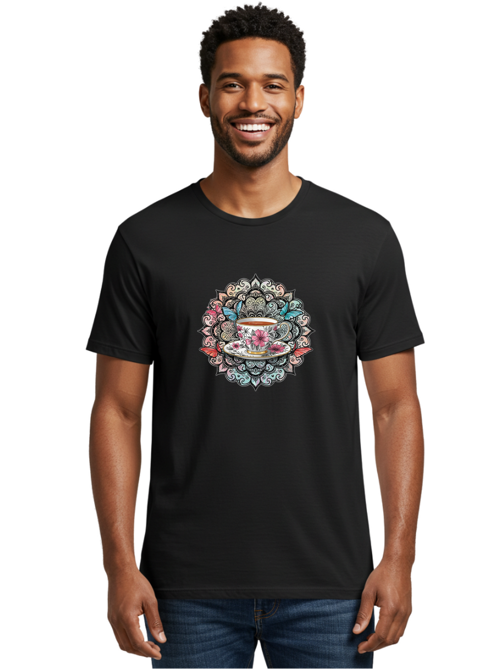 Tea-Cup-Mandala Men'S Graphic Tee, 100% Cotton, Comfortable Casual Summer Wear, Machine Washable, Vintage Camera, Old Camera, Antique Camera, Black Camera, Classic Photography, Photography Equipment, Nostalgic Device, Film Camera, Camera Art Baf566