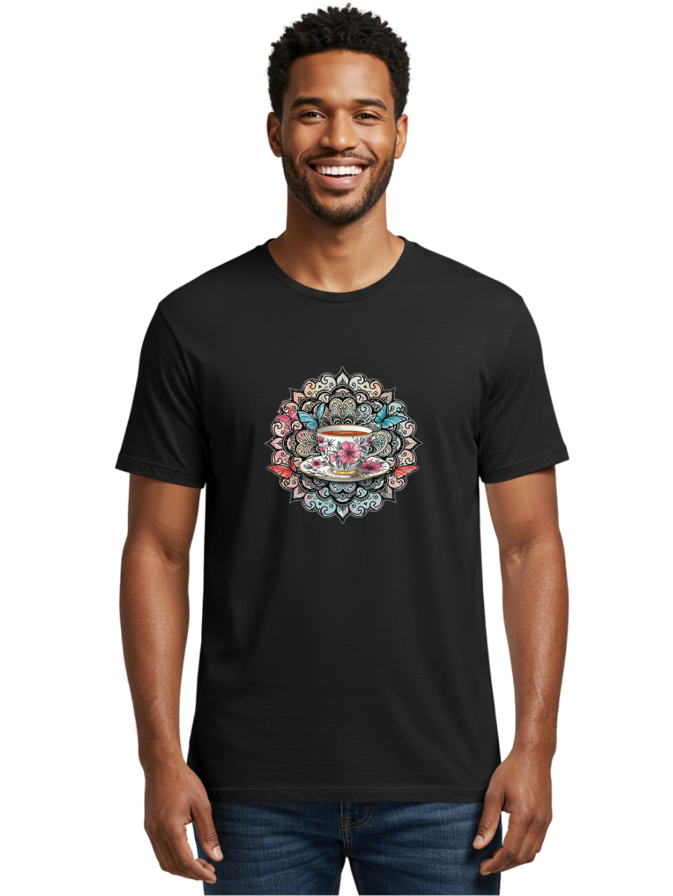 Tea-Cup-Mandala Men'S Graphic Tee, 100% Cotton, Comfortable Casual Summer Wear, Machine Washable, Vintage Camera, Old Camera, Antique Camera, Black Camera, Classic Photography, Photography Equipment, Nostalgic Device, Film Camera, Camera Art Baf566