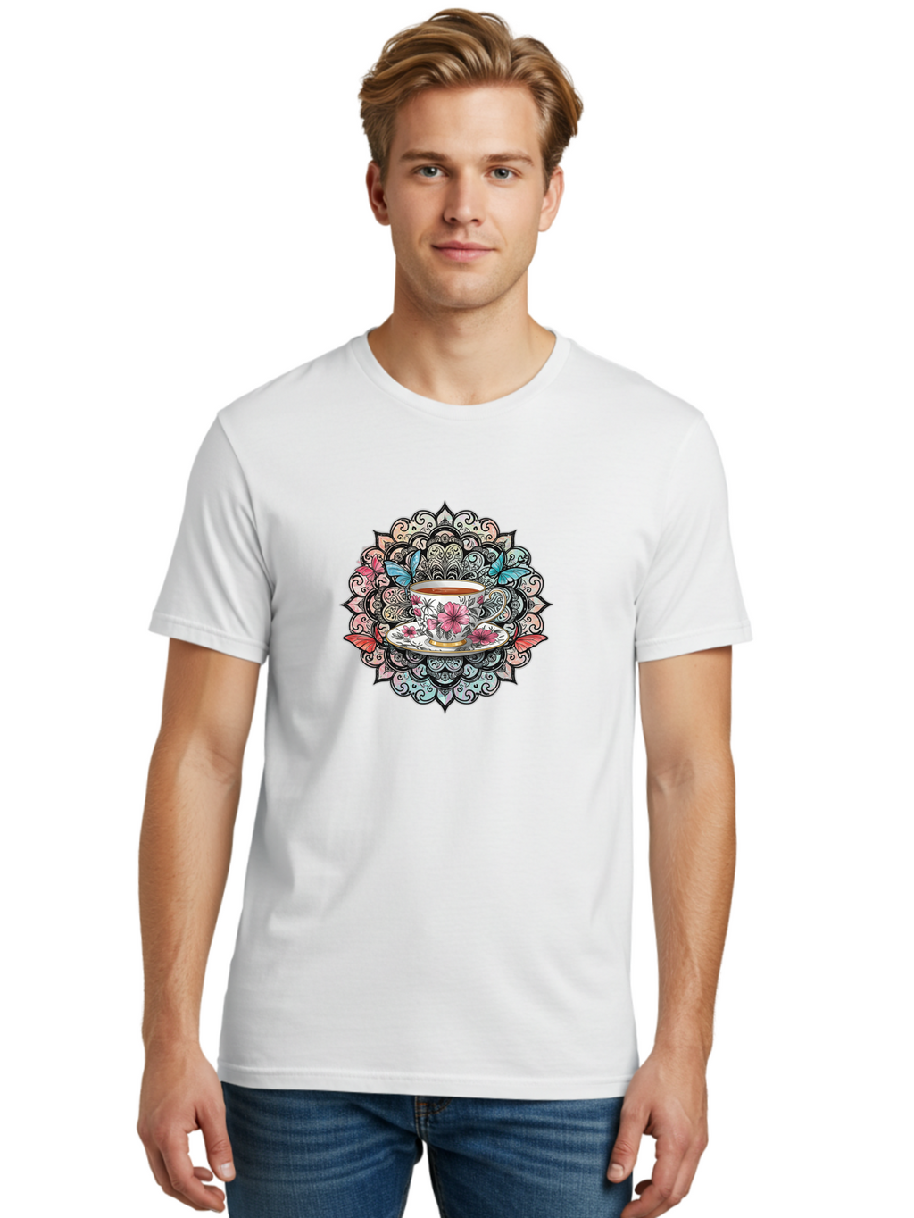 Tea-Cup-Mandala Men'S Graphic Tee, 100% Cotton, Comfortable Casual Summer Wear, Machine Washable, Vintage Camera, Old Camera, Antique Camera, Black Camera, Classic Photography, Photography Equipment, Nostalgic Device, Film Camera, Camera Art Baf566