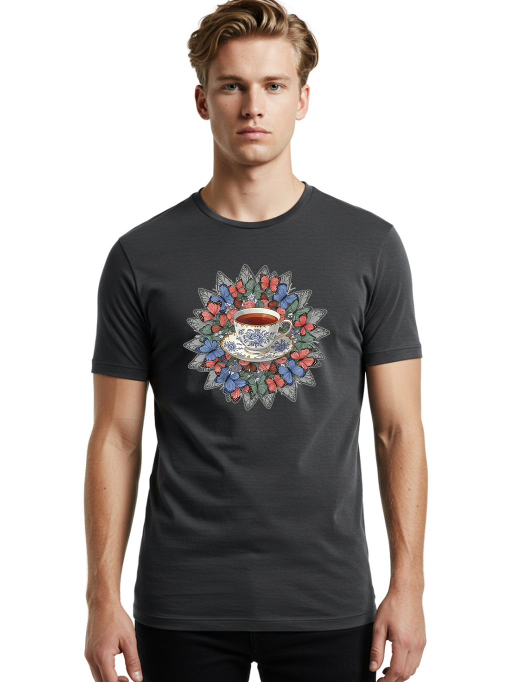 Tea-Cup-With-Butterflies Men'S Graphic Tee, 100% Cotton, Comfortable Casual Summer Wear, Machine Washable, Vintage Camera, Old Camera, Antique Camera, Black Camera, Classic Photography, Photography Equipment, Nostalgic Device, Film Camera, Baf568