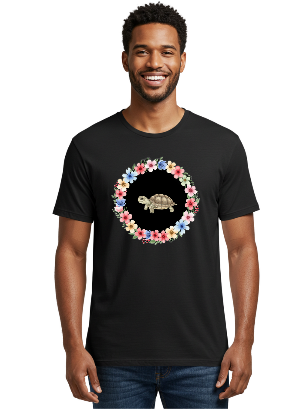 Tortoise-In-Floral-Circle Men'S Graphic Tee, 100% Cotton, Comfortable Casual Summer Wear, Machine Washable, Vintage Camera, Old Camera, Antique Camera, Black Camera, Classic Photography, Photography Equipment, Nostalgic Device, Film Camera, Baf597