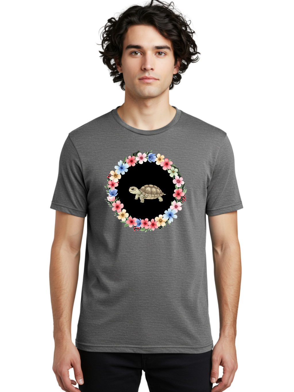 Tortoise-In-Floral-Circle Men'S Graphic Tee, 100% Cotton, Comfortable Casual Summer Wear, Machine Washable, Vintage Camera, Old Camera, Antique Camera, Black Camera, Classic Photography, Photography Equipment, Nostalgic Device, Film Camera, Baf597