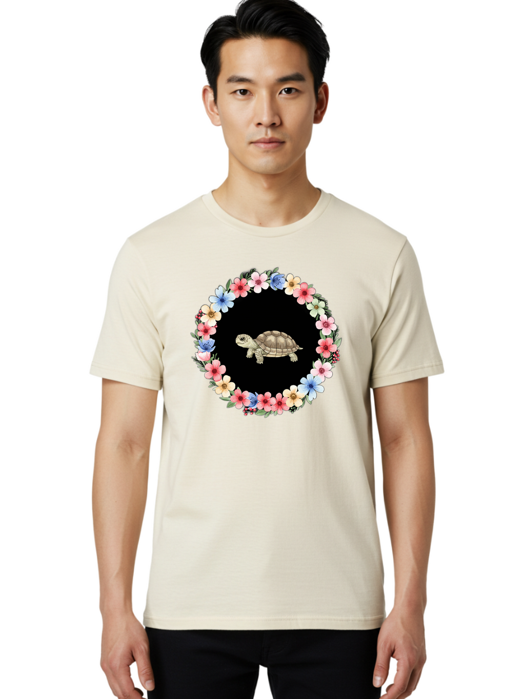 Tortoise-In-Floral-Circle Men'S Graphic Tee, 100% Cotton, Comfortable Casual Summer Wear, Machine Washable, Vintage Camera, Old Camera, Antique Camera, Black Camera, Classic Photography, Photography Equipment, Nostalgic Device, Film Camera, Baf597