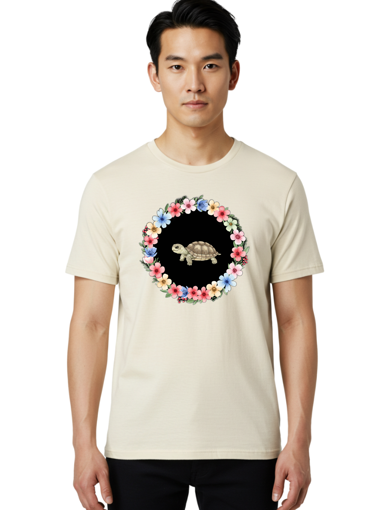 Tortoise-In-Floral-Circle Men'S Graphic Tee, 100% Cotton, Comfortable Casual Summer Wear, Machine Washable, Vintage Camera, Old Camera, Antique Camera, Black Camera, Classic Photography, Photography Equipment, Nostalgic Device, Film Camera, Baf597