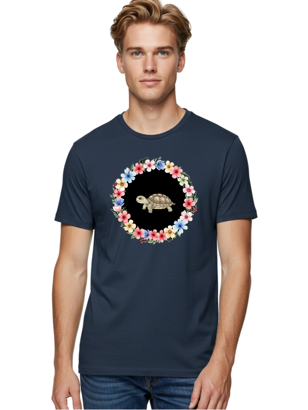 Tortoise-In-Floral-Circle Men'S Graphic Tee, 100% Cotton, Comfortable Casual Summer Wear, Machine Washable, Vintage Camera, Old Camera, Antique Camera, Black Camera, Classic Photography, Photography Equipment, Nostalgic Device, Film Camera, Baf597