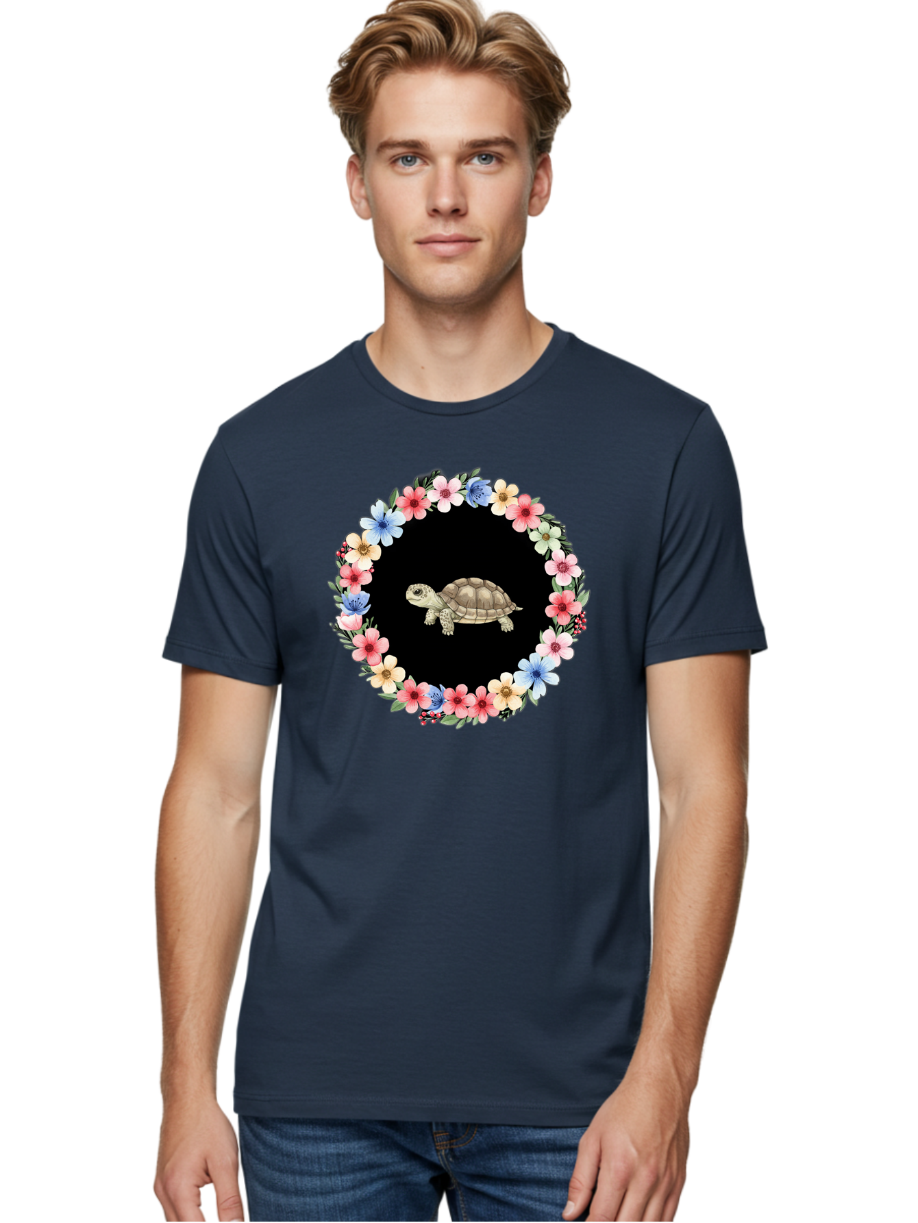Tortoise-In-Floral-Circle Men'S Graphic Tee, 100% Cotton, Comfortable Casual Summer Wear, Machine Washable, Vintage Camera, Old Camera, Antique Camera, Black Camera, Classic Photography, Photography Equipment, Nostalgic Device, Film Camera, Baf597