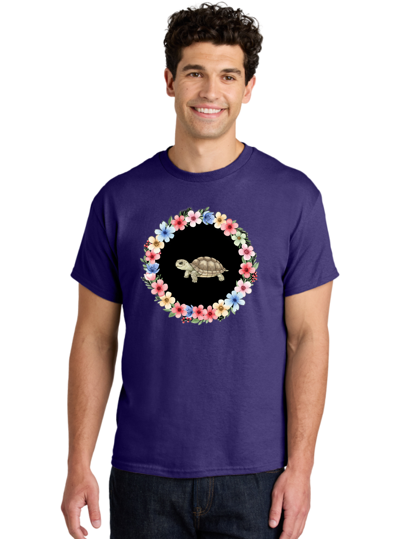 Tortoise-In-Floral-Circle Men'S Graphic Tee, 100% Cotton, Comfortable Casual Summer Wear, Machine Washable, Vintage Camera, Old Camera, Antique Camera, Black Camera, Classic Photography, Photography Equipment, Nostalgic Device, Film Camera, Baf597