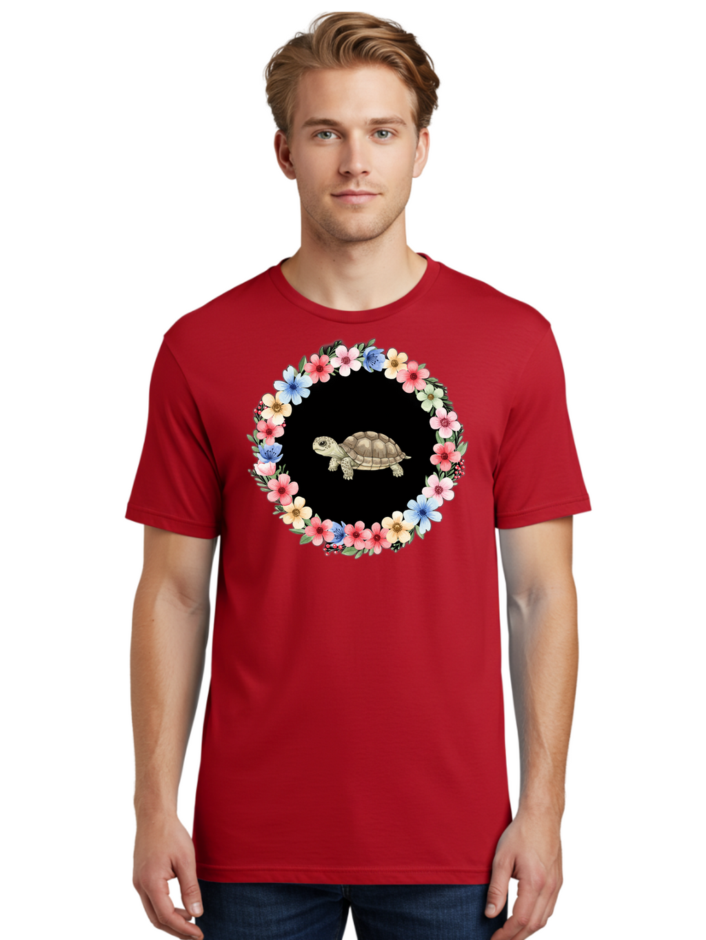 Tortoise-In-Floral-Circle Men'S Graphic Tee, 100% Cotton, Comfortable Casual Summer Wear, Machine Washable, Vintage Camera, Old Camera, Antique Camera, Black Camera, Classic Photography, Photography Equipment, Nostalgic Device, Film Camera, Baf597