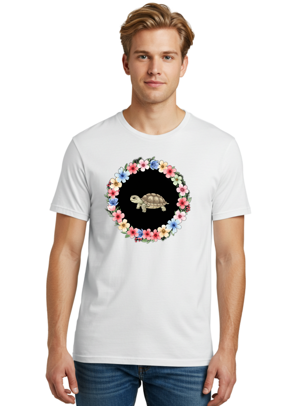 Tortoise-In-Floral-Circle Men'S Graphic Tee, 100% Cotton, Comfortable Casual Summer Wear, Machine Washable, Vintage Camera, Old Camera, Antique Camera, Black Camera, Classic Photography, Photography Equipment, Nostalgic Device, Film Camera, Baf597