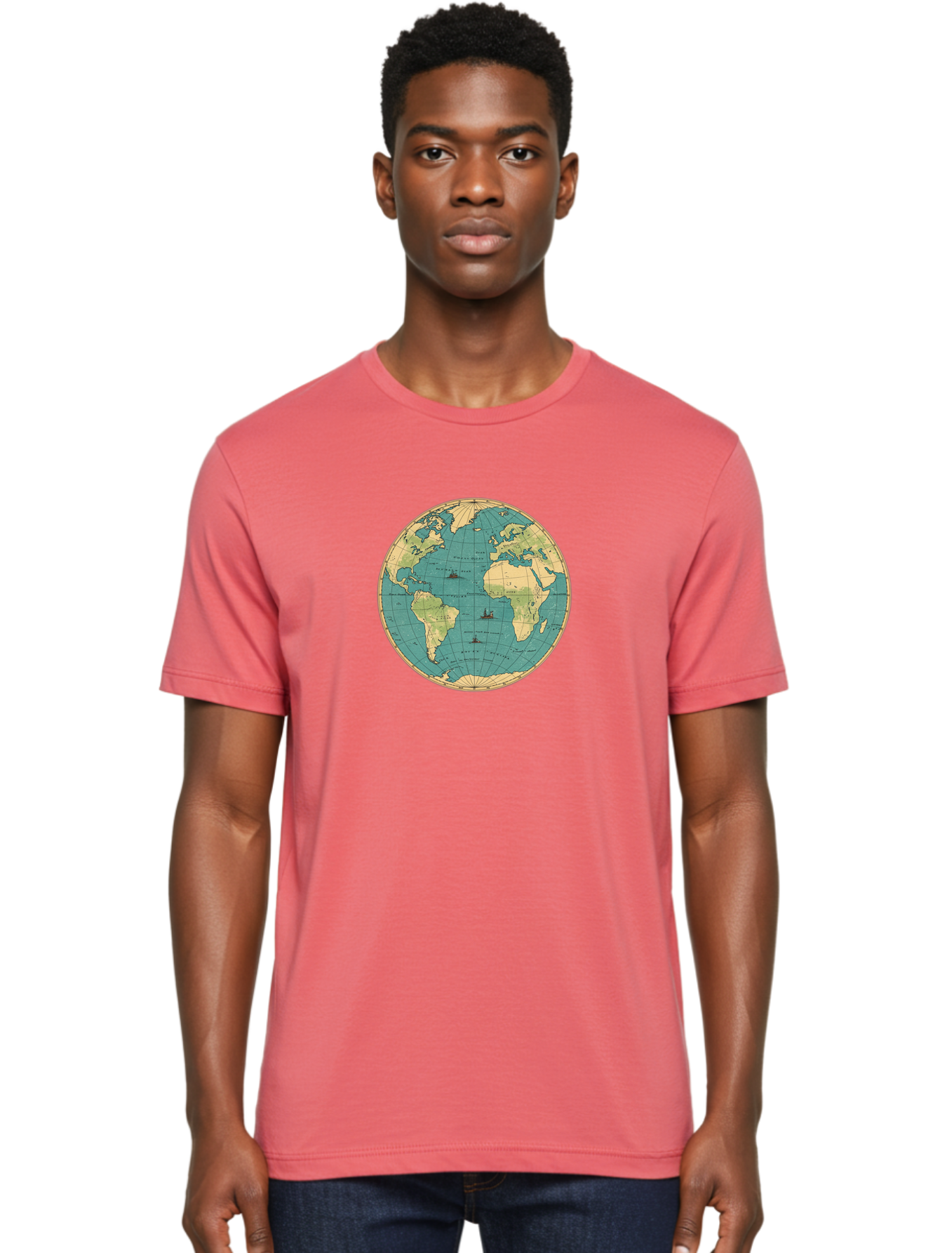 World-Map-Globe Men'S Graphic Tee, 100% Cotton, Comfortable Casual Summer Wear, Machine Washable, Vintage Camera, Old Camera, Antique Camera, Black Camera, Classic Photography, Photography Equipment, Nostalgic Device, Film Camera, Camera Art Baf675
