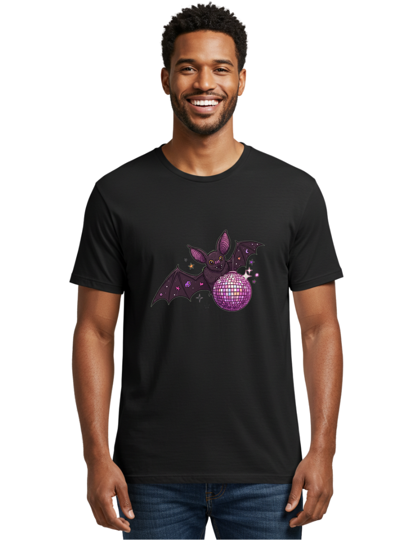 Bat-Holding-Disco-Ball-2 Men'S Graphic Tee, 100% Cotton, Comfortable Casual Summer Wear, Machine Washable, Vintage Camera, Old Camera, Antique Camera, Black Camera, Classic Photography, Photography Equipment, Nostalgic Device, Film Camera, Baf692