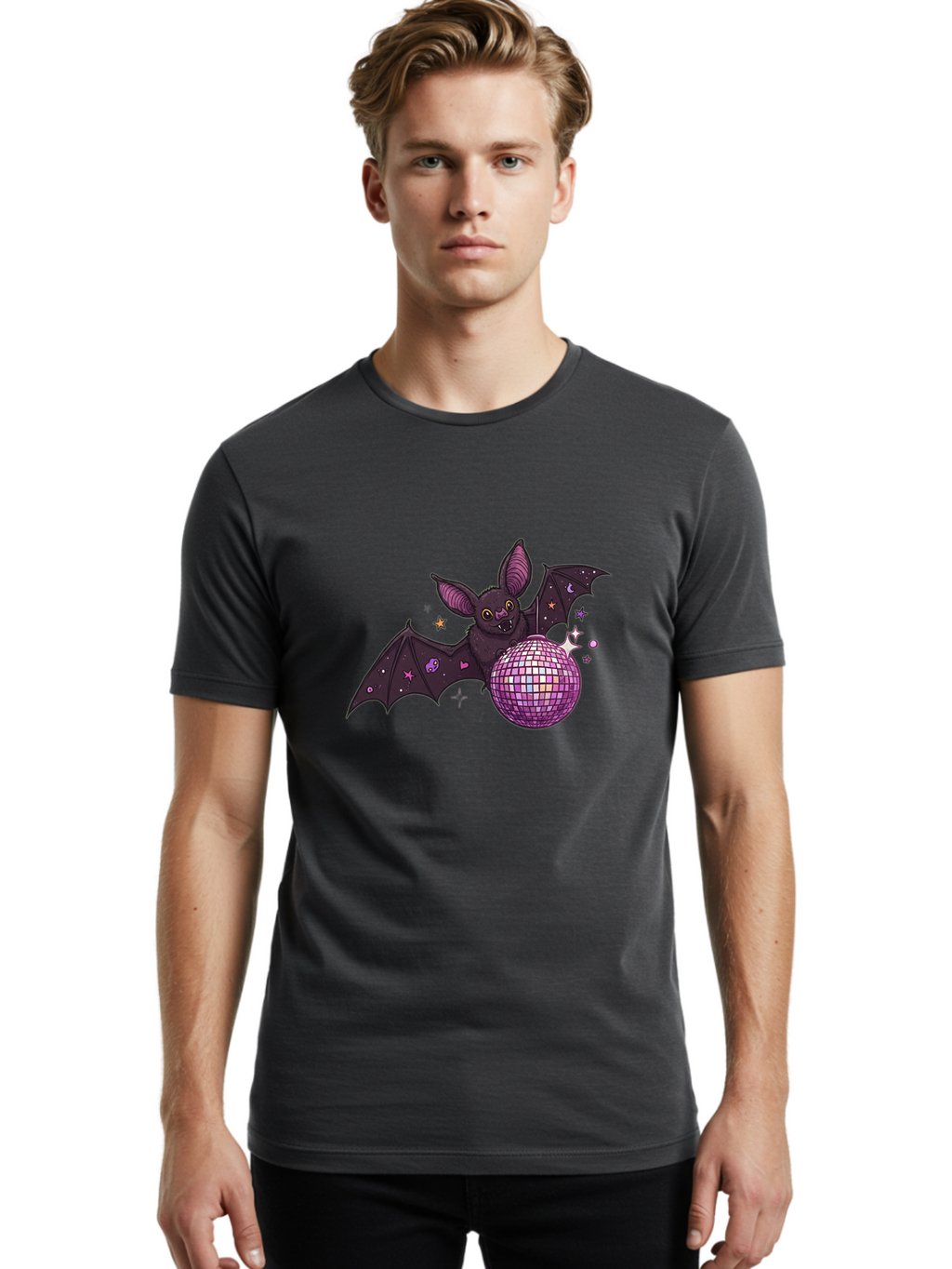 Bat-Holding-Disco-Ball-2 Men'S Graphic Tee, 100% Cotton, Comfortable Casual Summer Wear, Machine Washable, Vintage Camera, Old Camera, Antique Camera, Black Camera, Classic Photography, Photography Equipment, Nostalgic Device, Film Camera, Baf692