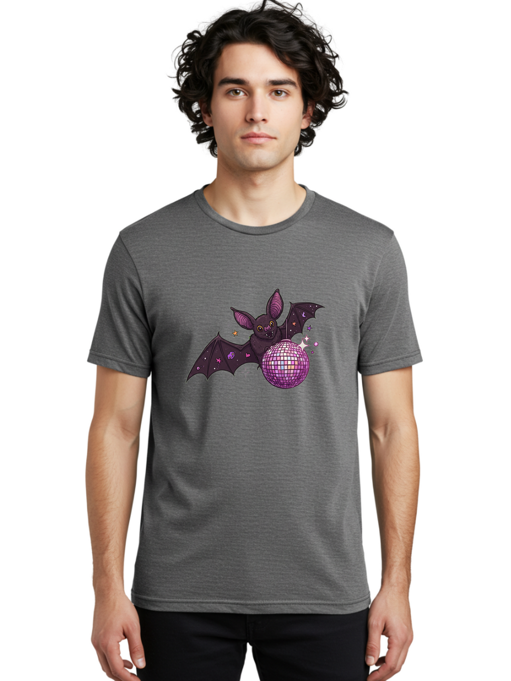 Bat-Holding-Disco-Ball-2 Men'S Graphic Tee, 100% Cotton, Comfortable Casual Summer Wear, Machine Washable, Vintage Camera, Old Camera, Antique Camera, Black Camera, Classic Photography, Photography Equipment, Nostalgic Device, Film Camera, Baf692